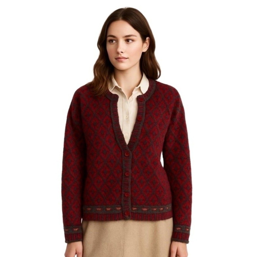 Vintage Maggie White Sweate Womans M Cardigan Wool Blend Red Gray Holiday